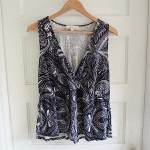 LOFT Black & White Shadow Paisley Surplice  Peplum Top S